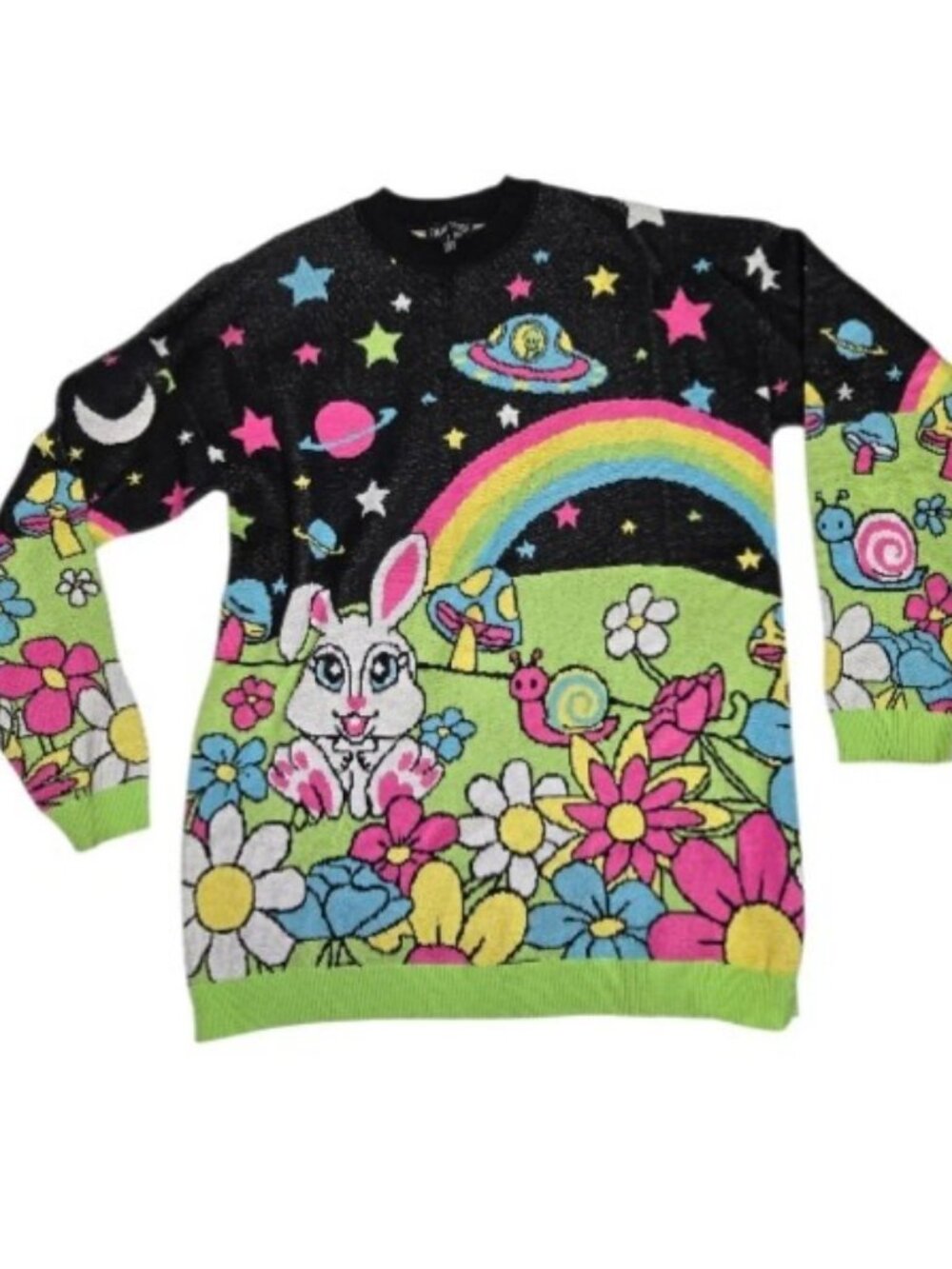 Dolls Kill Current Mood Happy Planet Rainbow Psychedelic Sweater Oversize XXS -S